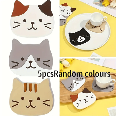 TEMU Set Of 5 Silicone Cat Coasters, Design, Heat Resistant Drink Mats, Hand Washable, For Kitchen And Home Decor