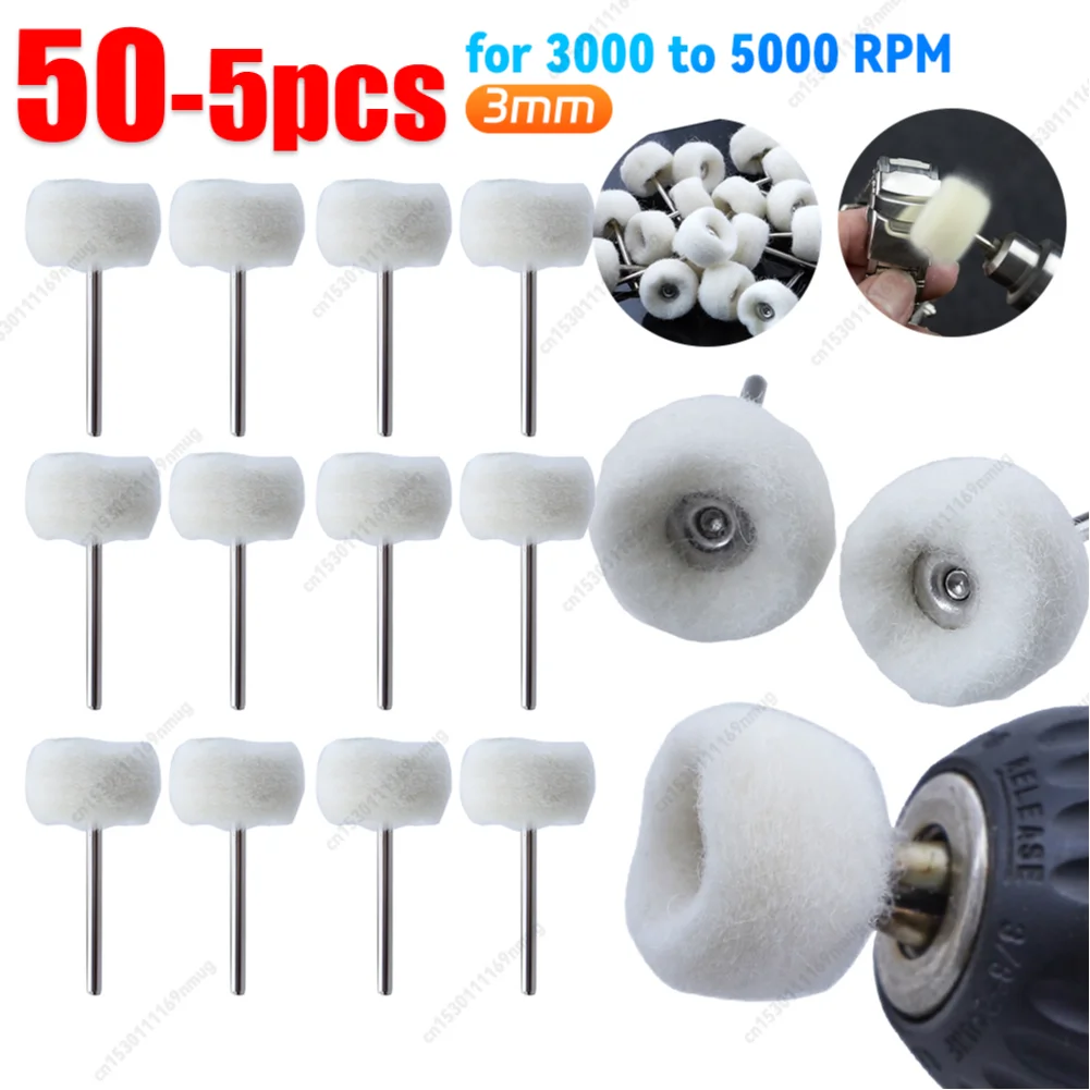 5-50 Stück 1 Zoll Wollfilz-Schleifkopf, Schleif- und Polierscheibe mit 3mm Schaft, Baumwollfaden-Polierbürste für Dremel und Bohrmaschinen Image