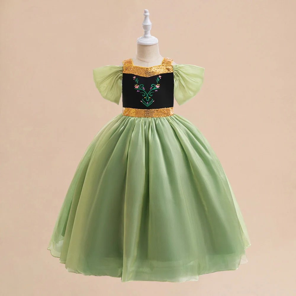 Mädchen grün Anna Prinzessin Kleid Kinder Blume Stickerei Party Kleid Mädchen Sommer tägliche Urlaub Kleidung Kinder Mode Kostüme