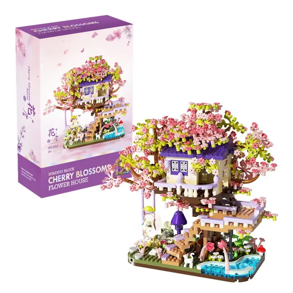 Sakura Baumhaus Haus Bausteine DIY Kreative Montage Blume Baum Haus Micro-partikel Pädagogisches Spielzeug Für Geburtstag Geschenk Image