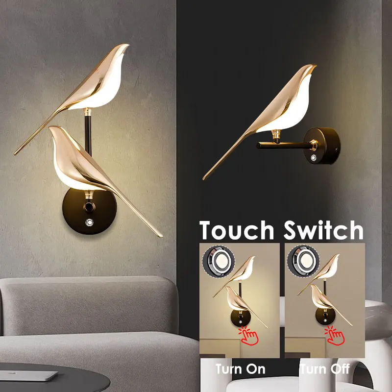 360 ° Drehbare Elster Vogel Wand Licht Touch Schalter Wandleuchte Für Küche Korridor Nacht Nordic Goldene Silber LED Wand Lampen