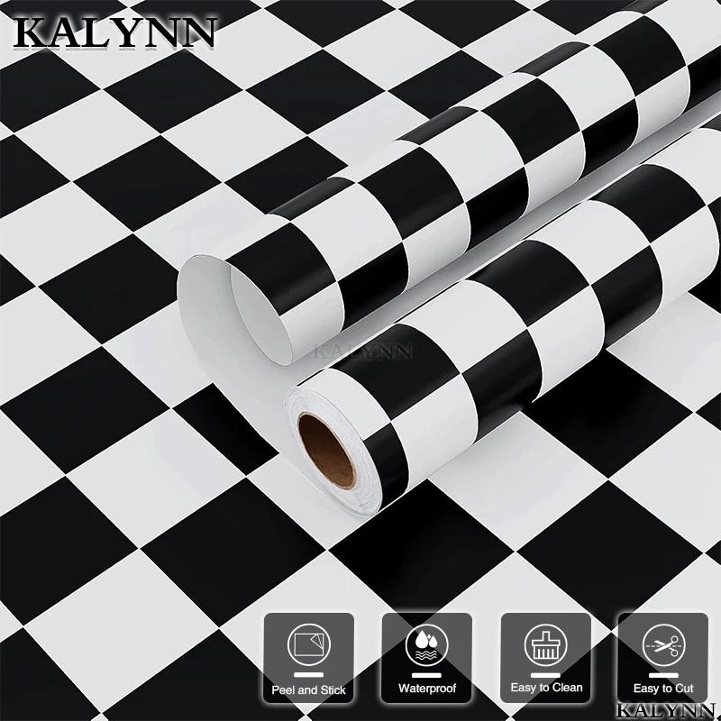 Kariertes Kontaktpapier zum Abziehen und Aufkleben, schwarz-weiße Tapete, selbstklebendes, wasserfestes, dekoratives Vinyl für Küchenwände Image