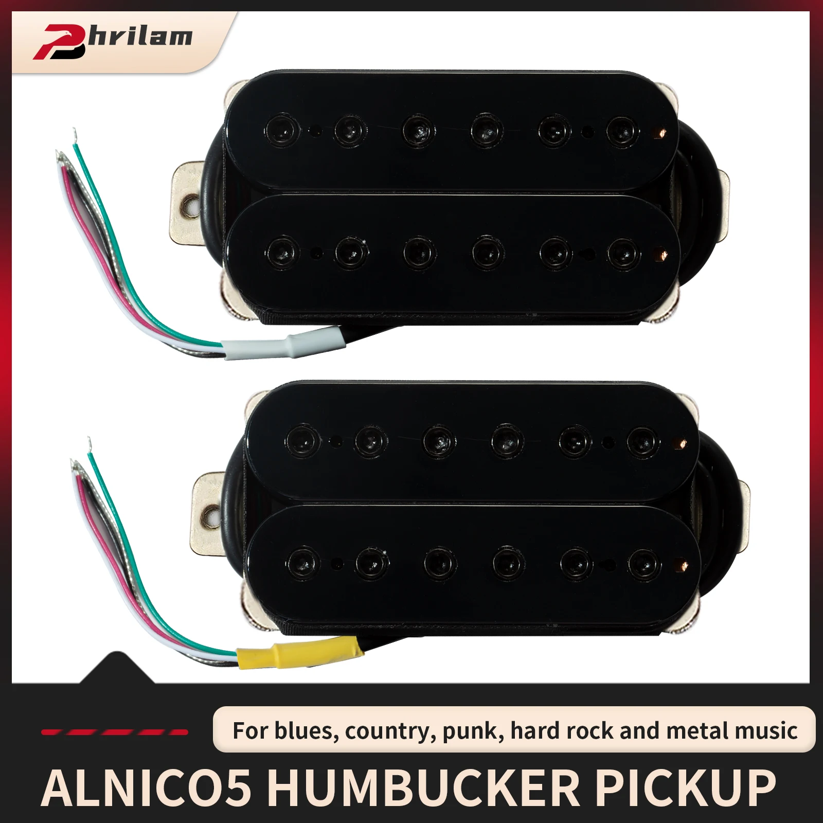 Phrilam Hochleistungs-Alnico 5 verstellbare Sechskantstangen Humbucker-Hals/50 mm Brücke/52 mm Tonabnehmer-Set 7,6/16,5 K für E-Gitarre Image