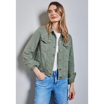 Jeansblazer STREET ONE, Damen, Gr. 42, olive washed, Web, Obermaterial: 92% Baumwolle, 6% Elastomultiester, 2% Elasthan, unifarben, casual, regular fit taillenbedeckt, Langarm 1-Knopf-Manschette, Blazer, mit Taschen Image