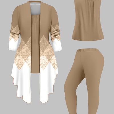 TEMU Women's Elegant 3pcs Suit Set, Geometric-patterned Knit Polyester Cardigan With Stand Collar, Solid Color Pants, Casual Vest Outfit