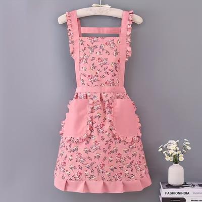 TEMU [festive Charm] Vintage Floral Apron For Women - Stylish Kitchen Wear With Pockets, Ideal For Cooking & Gardening, Pink And , Festive Occasions, Vintage Apron