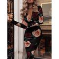 Femme Robe mi-longue Robe Portefeuille Robe moulante Anniversaire Robes semi-formelles Vacances du quotidien Standard Floral manche longue Col V Noir et Blanc Noir Rose Claire Eté