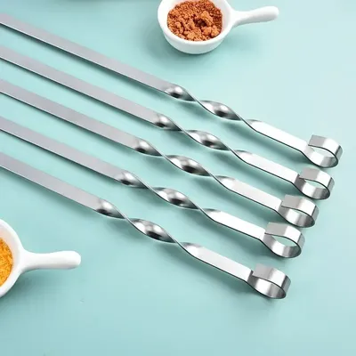 50cm 6Pcs BBQ Skewer Stainless Steel Wide Barbecue Sticks Flat BBQ Fork Outdoor Camping Picnic BBQ Utensil Kitchen Accessories