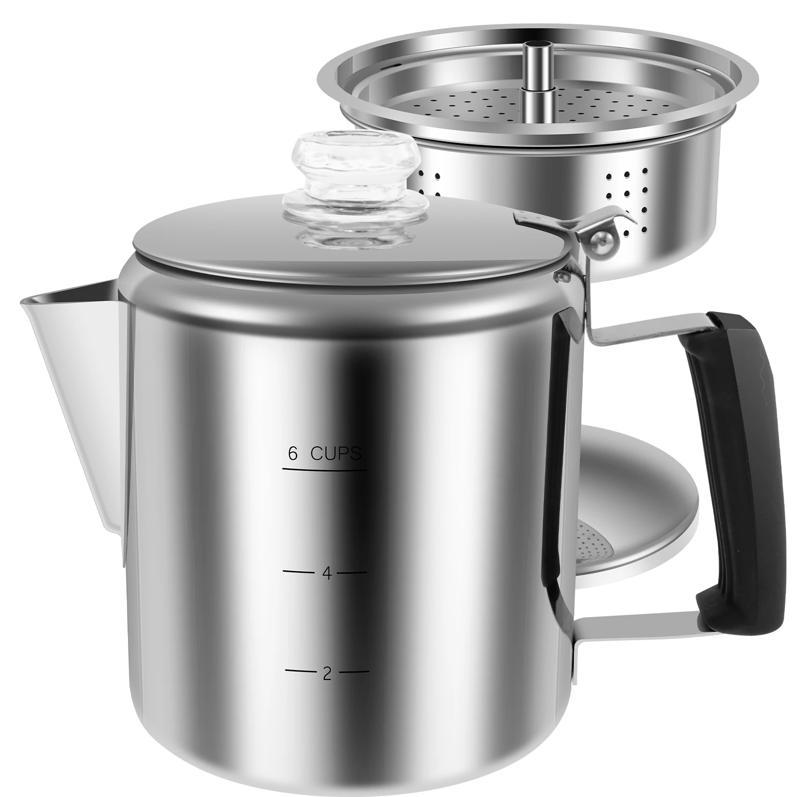 Edelstahl Kaffee maschine Camping 6 Tasse tragbare Glas klare Kaffeekanne mit Glas knopf für Gasherd für Camping