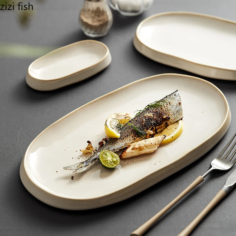 Creative Oval Solid Color Cutlery Ceramic Sushi Steak Plates Simple Home Kitchen Dinner Plates Serving Dishes Snack Dessert Tray Image