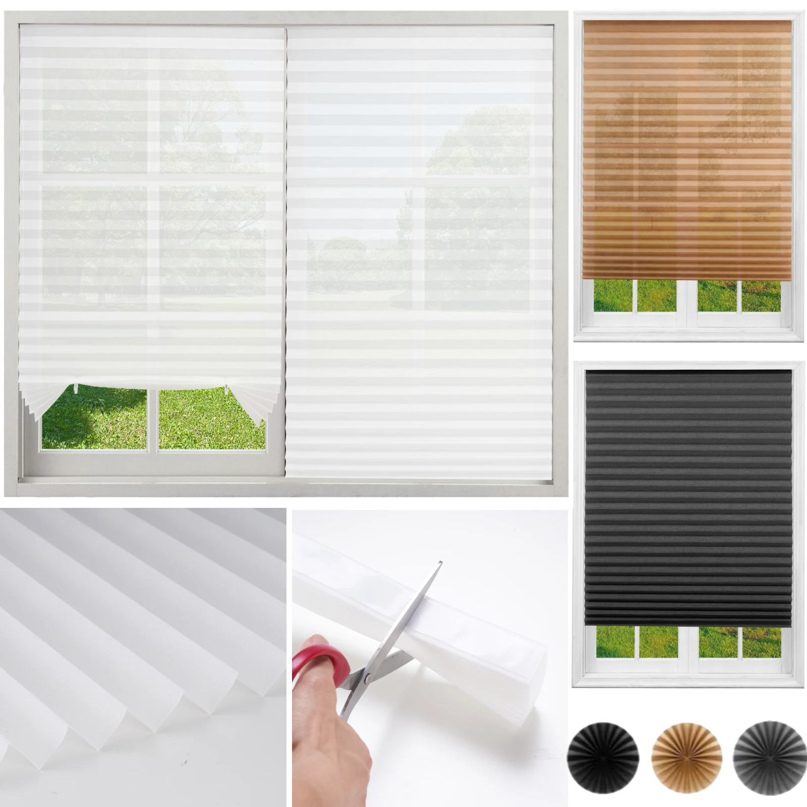 Einfache plissierte Fensterschirme aus Vliesstoff, selbstklebend, ohne Bohren, Verdunkelungsvorhänge, Wohnzimmer, Schlafzimmer, Badezimmer, Heimdekoration