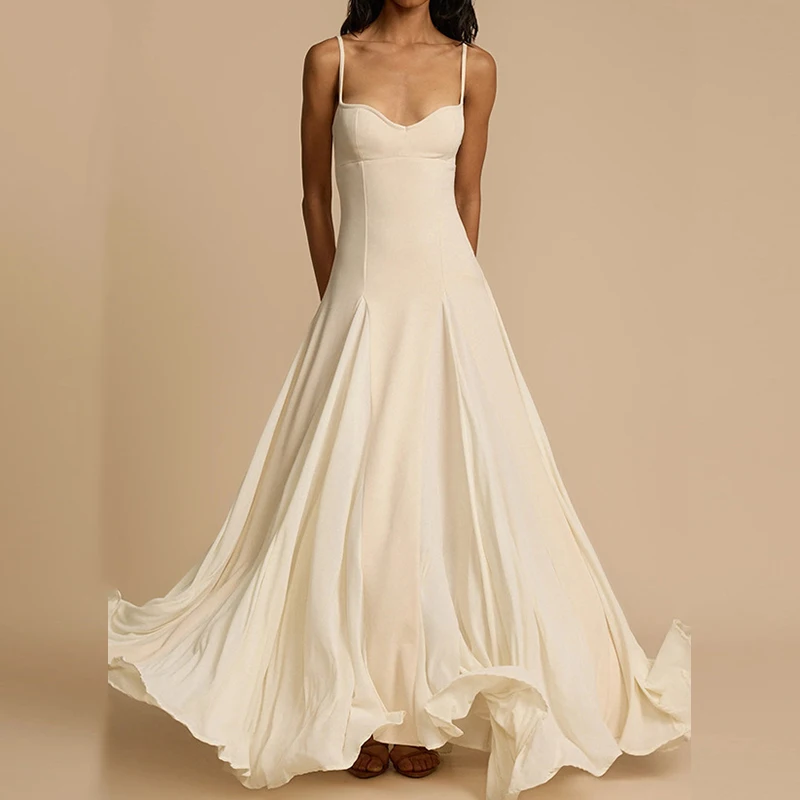 Frauen Casual Urlaub Plissee Langes Kleid Mode Einfarbig Boho Dünnes Kleid Sommer Neue Hosenträger Ärmellose Große Schaukel Kleider Image