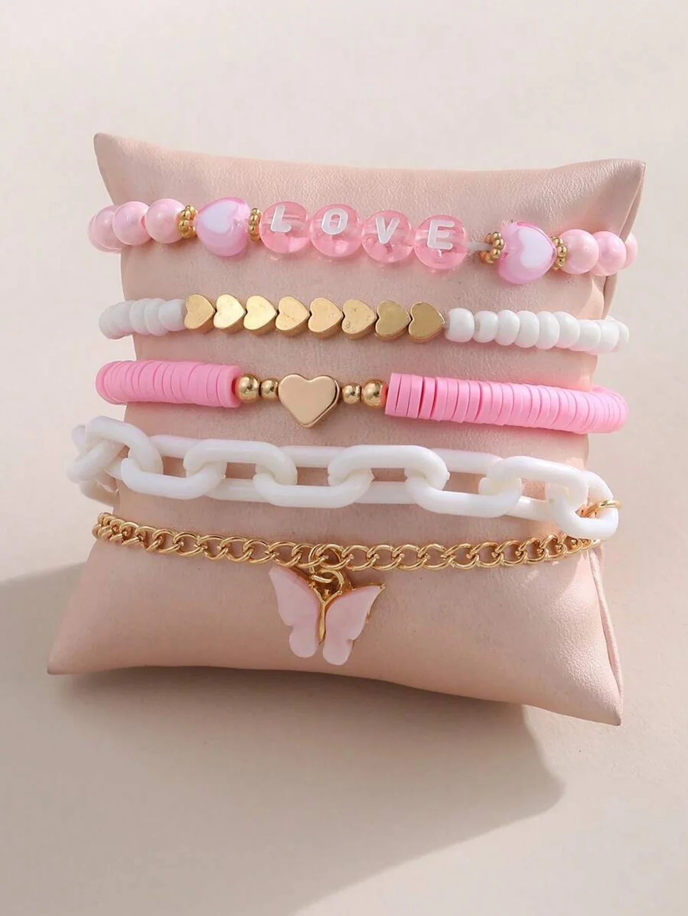 5 teile/satz Rosa Stil Schmetterling & Herz Liebe Brief Perlen Armband Set für Mädchen Frauen Image
