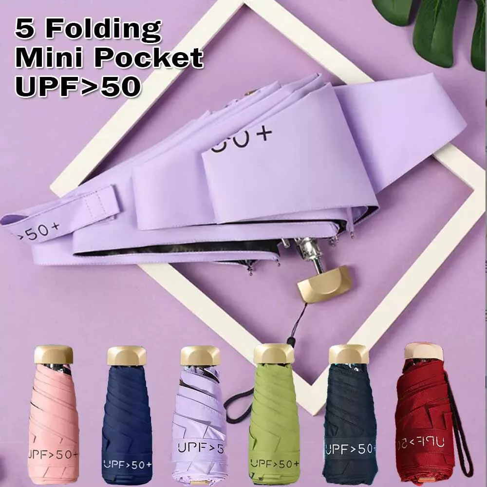 Super Mini Pocket Compact 5-fach faltbarer Sonnenschirm, UV-Schutz, leicht, 6 Rippen, faltbar, regenfest, winddicht, für Reisen Image