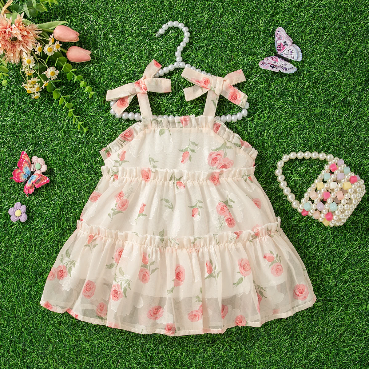 Baby Mädchen Kleid Sommer Schleife und Blumenmuster Rendering Stil Gaze Neckholder Mädchen Kinder Kleid süßes lässiges Babykleid Image