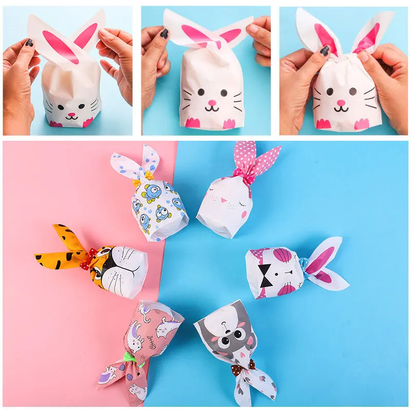 50 stücke Kunststoff Süßigkeiten Taschen Cookie Niedlichen Karton Kaninchen Ohr Taschen Kekse Snack Backen Verpackung Liefert Kinder Geschenke Großhandel Image