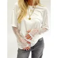 T-shirt da donna girocollo in pizzo manica lunga camicie casual primavera autunno top larghi da donna tinta unita per streetwear Y2K 00s