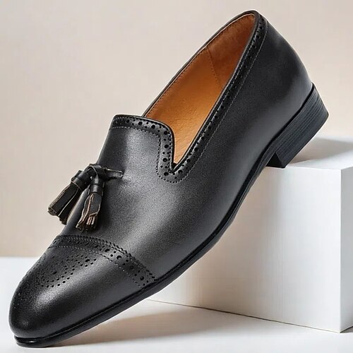 Herren-Loafer aus braunem Leder mit Quasten und Brogue-Details, klassische Slipper für Hochzeiten, Partys und formelle Anlässe Image