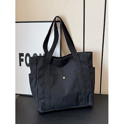 Damen-Tragetasche aus Canvas in Farbblock-Optik – großes Fassungsvermögen, mehrere Taschen, lässiger Stil, Unisex, strapazierfähig – ideal zum Einkaufen, Reisen und für den täglichen Gebrauch, Schwarz, Weiß, Khaki Image