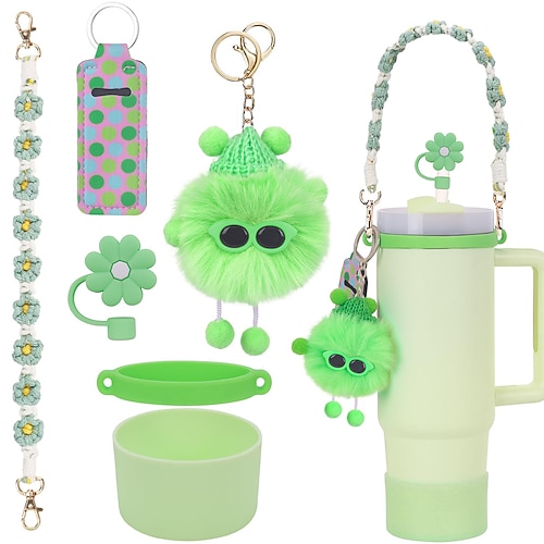 Tasse Handgewebter Griff Blumen Strohkappe Lippenstift Set Kohleball Pixie Glitzer Silikon Tassen Set Valentinstag Geschenk Image