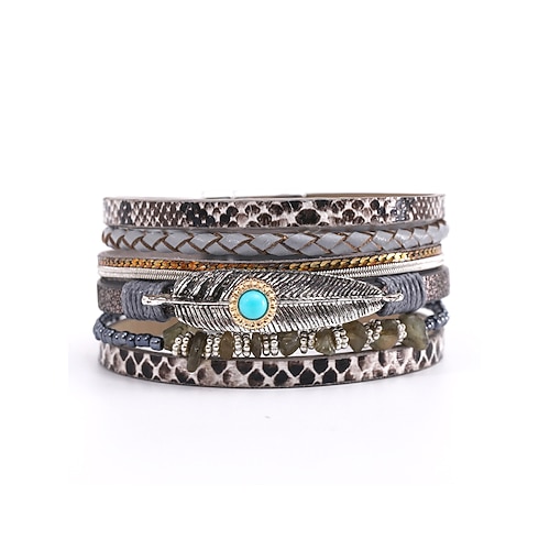 Magnetarmband aus Boho-Leder und Türkis – verstellbares mehrschichtiges Design mit Federn und Edelsteinen, perfekt für den lässigen Sommer- und Festival-Stil Image