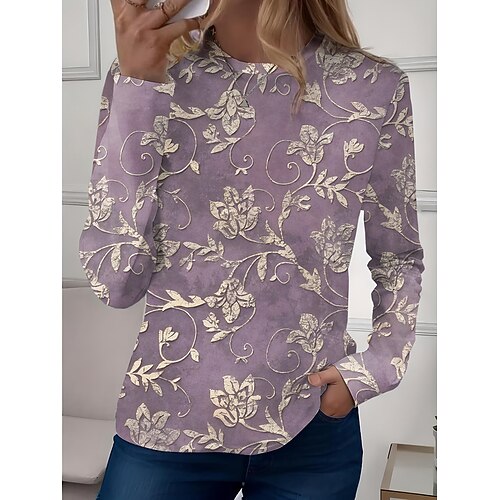 Damen T-Shirt Rundhalsausschnitt Langarm Tunika Floral Lässig Reguläre Oberteile Täglicher Druck Salbeigrün Pink Himmelblau Lila Frühling Herbst Image