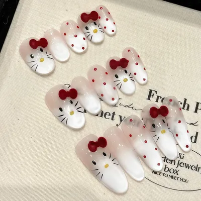 10pcs Hand-painted Cat's Eye Press On Nails Kawaii Cat 3D Bowknots Decor False Nails Glossy Almond