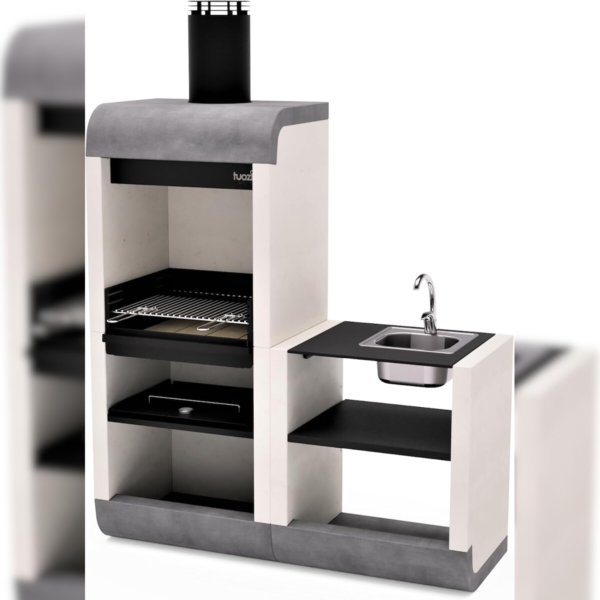 MAESTRO FERRETERO MF - Einbaugrill SUD PLUS für Holz/Holzkohle mit Spülbecken & Wasserhahn (weiß, grau, schwarz - 162x60x220 cm) REF: 4340 Image
