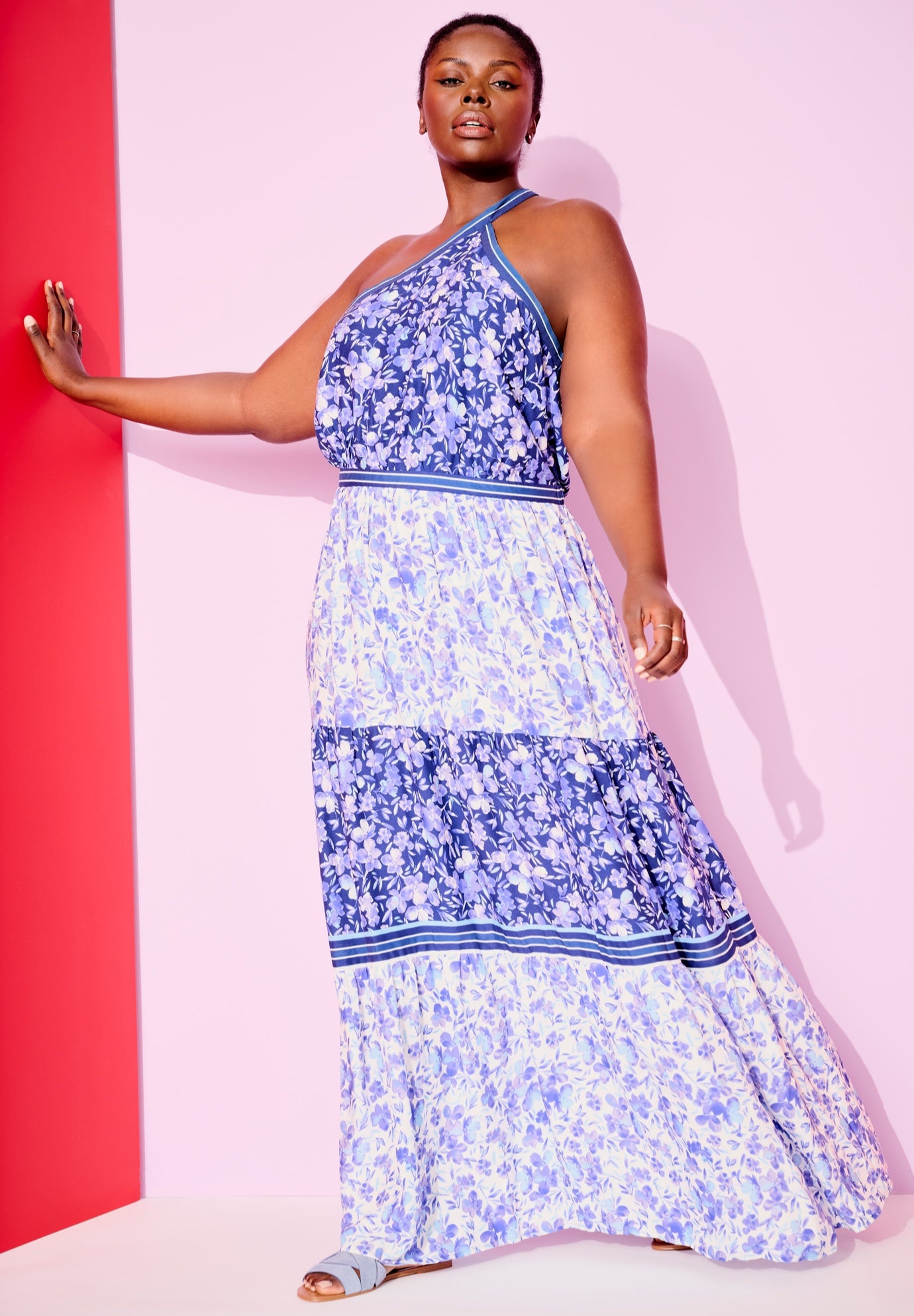 Plus Size Women's One-Shoulder Tiered Maxi Dress by June & Vie in Flower Field Blue (Size 30/32)