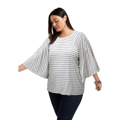 Plus Size Women's Flared Raglan Sleeve Breton Tee by June+Vie in Grey And White (Size 10/12)