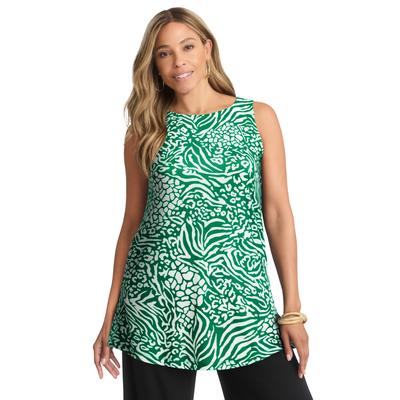 Plus Size Women's Stretch Knit Tunic Tank by The London Collection in Kelly Green Mixed Animal (Size 18/20) Wrinkle Resistant Stretch Knit Long Shirt