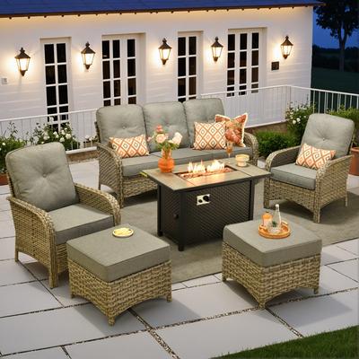 OVIOS 6-piece Patio Wicker Conversation Furniture Set With Fire Pit