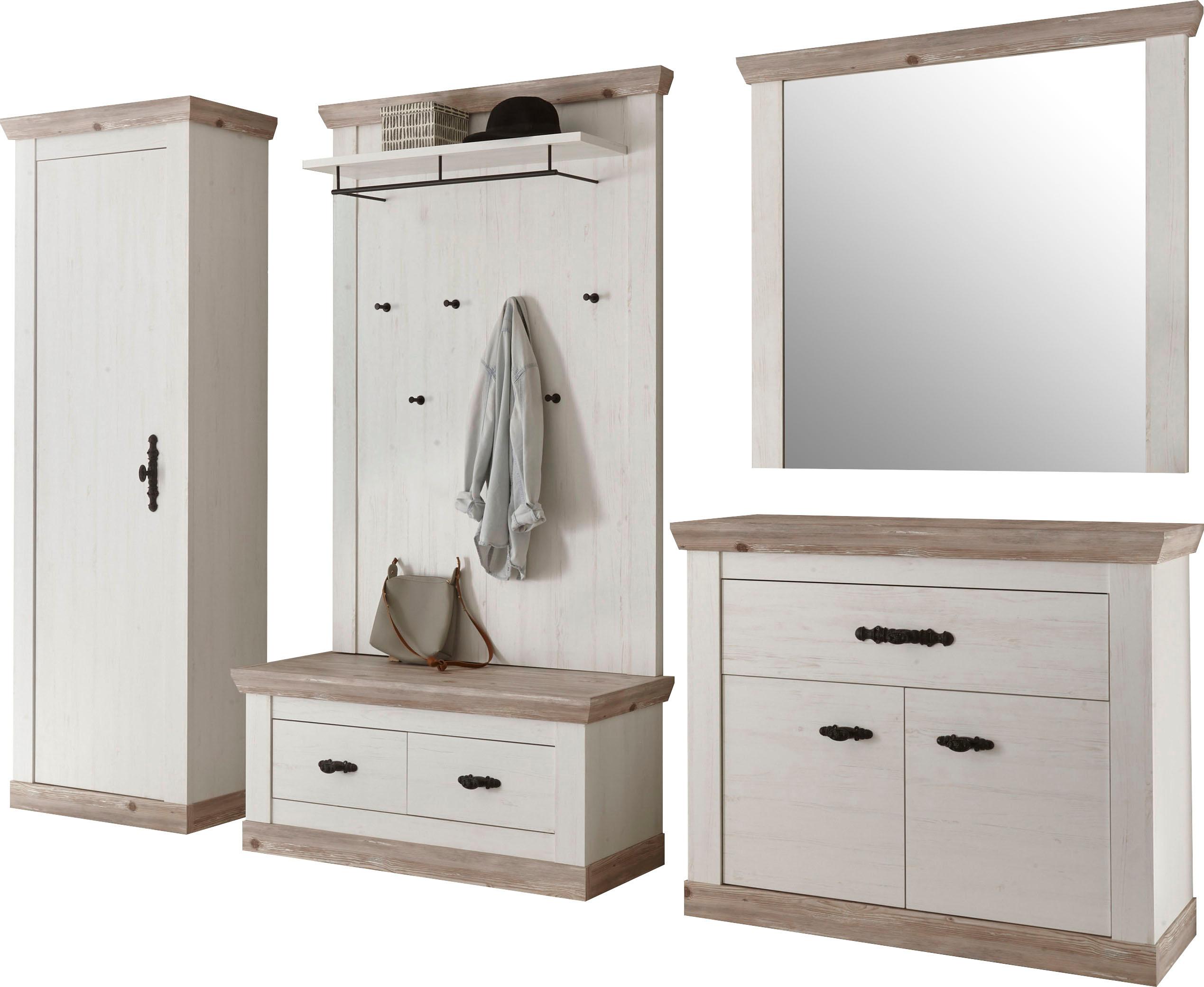 Garderoben-Set HOME AFFAIRE "Florenz", weiß (piene weiß), B:307cm, Holzwerkstoff, Kastenmöbel-Sets, bestehend aus Bank, Paneel, Spiegel, Kommode und Garderobenschrank