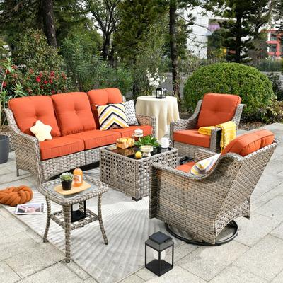 OVIOS 5 Pieces Outdoor Wicker Swivel Chair Set With Solar-Powered Table