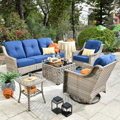 OVIOS 5 Pieces Outdoor Wicker Swivel Chair Set With Solar-Powered Table