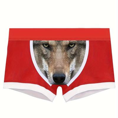 TEMU Men's Novelty Wolf Print Boxer Briefs - Breathable, Stretchy & Comfortable Underwear With Fun Animal Design, Boxing Shorts, Novelty,