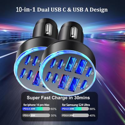 TEMU 40w 10-in-1 Pd + Qc 3.0 Car Charger - 4 Ports Usb Adapter, Type C Fast Charging For Iphone, , Universal Gift For , With Led Indicator And