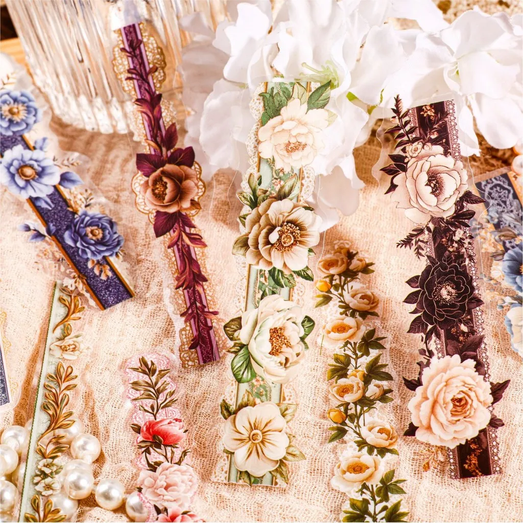 15 Stück Blumen Spitzenstreifen Aufkleber Kreativität DIY Handkonto Scrapbooking Collage Junk Journal Tagebuch Dekorativ Image