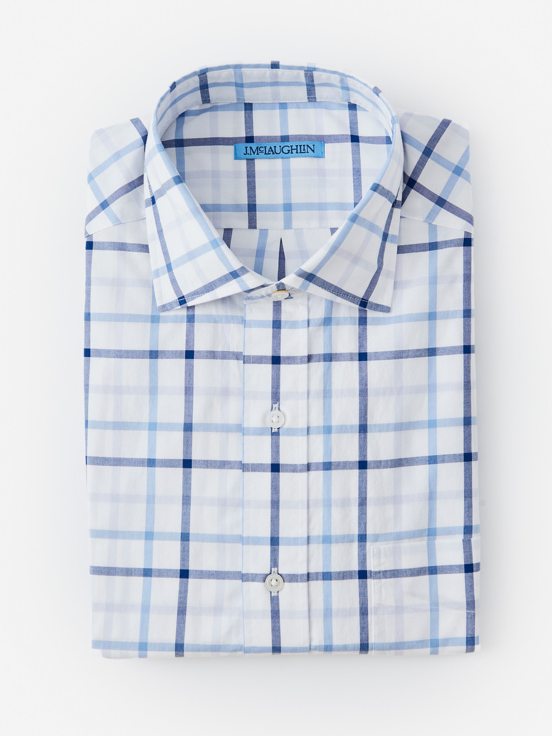 J.McLaughlin Men's Club Classic Fit Shirt in Window Pane White/Blue/Navy, Size Small | Cotton