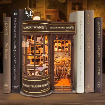 DIY Wooden Magic Wand Shop Book Nook Shelf Insert Miniature Model Kits Bookshelf With Light Bookend