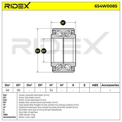 RIDEX Radlagersatz TOYOTA,PEUGEOT,CITROËN 654W0085 1610911480,6822JL,90369W0001 Radlager,Radlager & Radlagersatz 435110H010,9036938023,9052176007 Image
