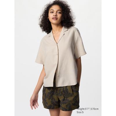 Uniqlo - Linen Blend Open Collar Shirt (short Sleeve) - Beige