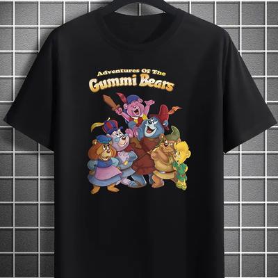 "TEMU Men's "adventure Of The Gummy " Graphic Tee - Red Crew Neck Short Sleeve T-shirt With Cartoon , Lightweight Polyester, Ideal For Summer Casual And Camping Wear" Image