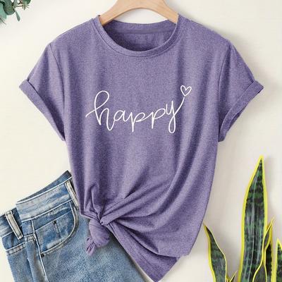 TEMU Letter Minimalist Printed Fashion Retro Style Women's Summer Casual Sports Neck Short Sleeve T-shirt Gray Image