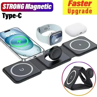 3-in-1 faltbare Schnellladestation, magnetischer kabelloser Ladeständer für iPhone 16, 15, 14, 13, 12 Pro Max, Apple Watch AirPods Image