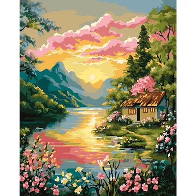Malen nach Zahlen auf Leinwand Abendrot am Waldsee, 40 x 50 cm Image