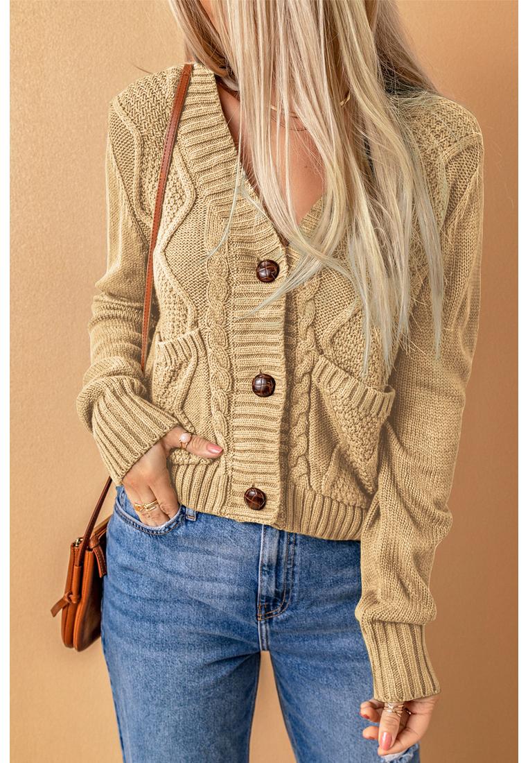 Azura Exchange Beige Strukturierte Strickjacke für Damen mit Vordertaschen und Knöpfen in Beige Image