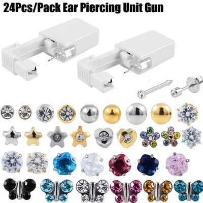 24pcs/Pack Disposable Sterile Ear Piercing Unit Cartilage Tragus Helix Piercing Gun Tool Kit Stud