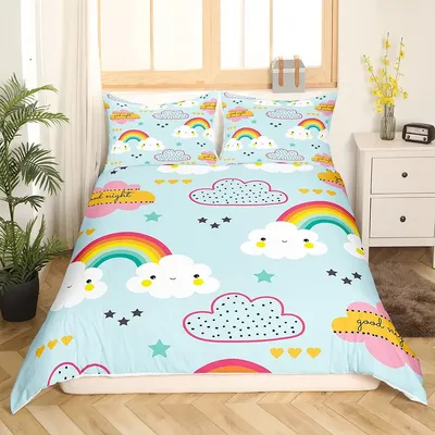 Cartoon Rainbow King Queen Duvet Cover Kids Girls Colorful Clouds Bedding Set Love Heart Comforter