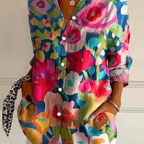 TEMU Day Retro Floral Print Simple Shirt, Casual Button Front Long Sleeve Shirt, Women's